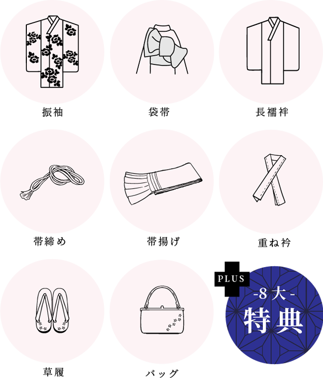 振袖・袋帯・長襦袢・帯締め・帯揚げ・重ね衿・草履バッグセット